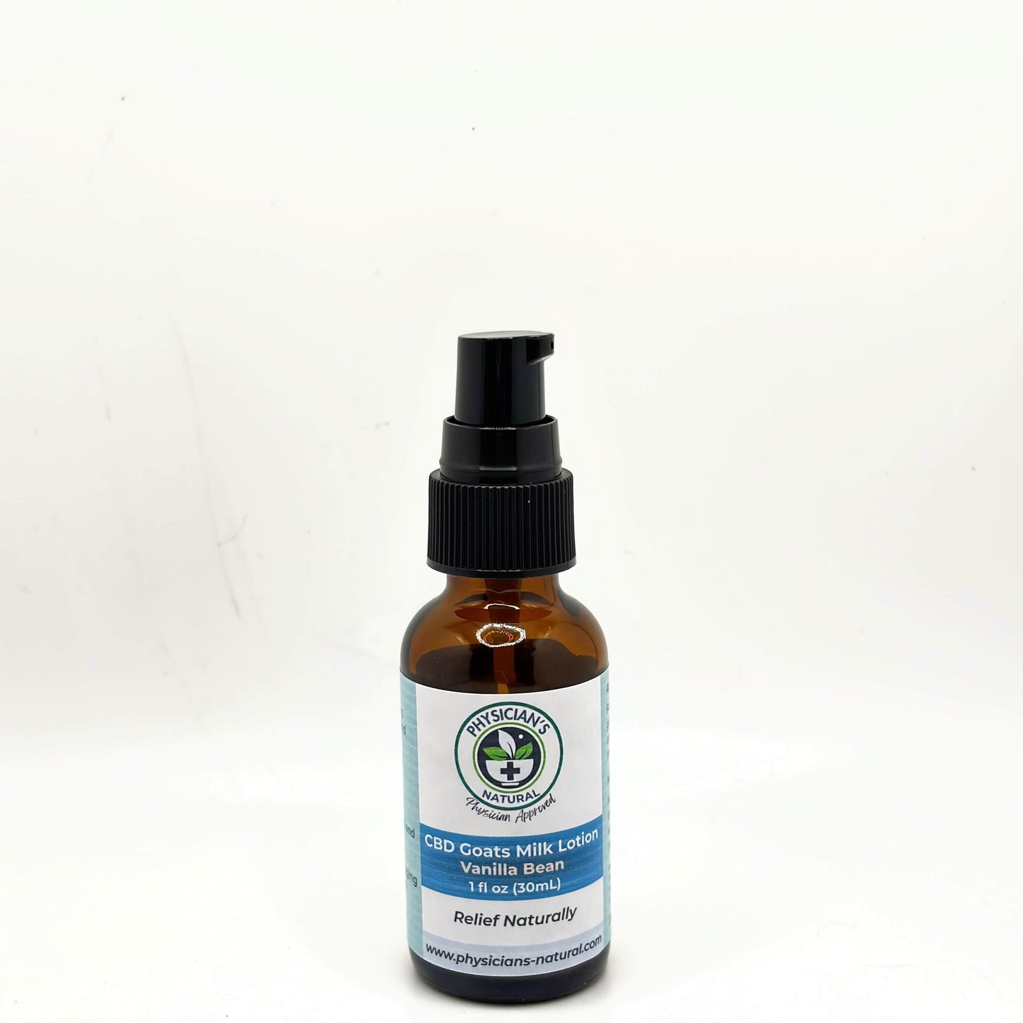 1 oz Amber-colored bottle with a pump on top with blue label, 200 mg CBD Goat's Milk Lotion, on a solid white background.