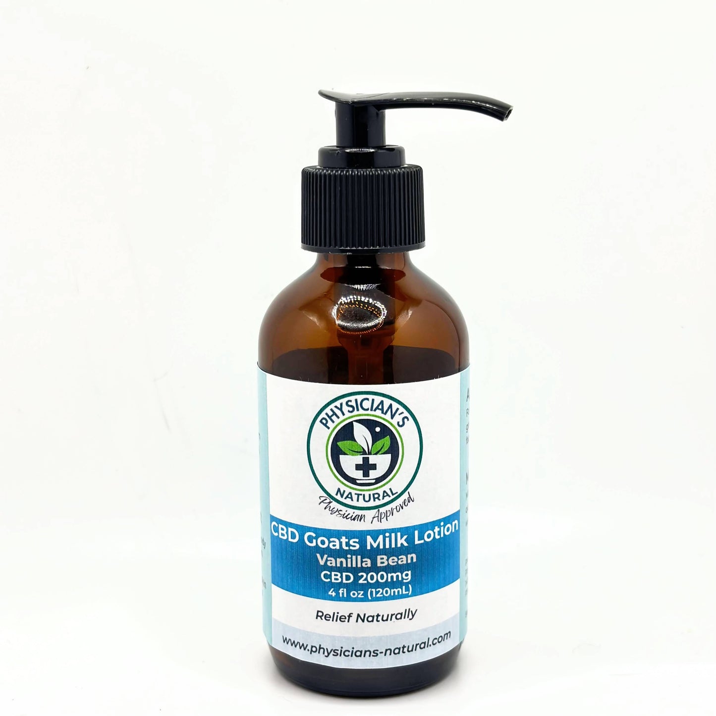 4 oz Amber-colored bottle with a pump on top with blue label, 200 mg CBD Goat's Milk Lotion, on a solid white background.