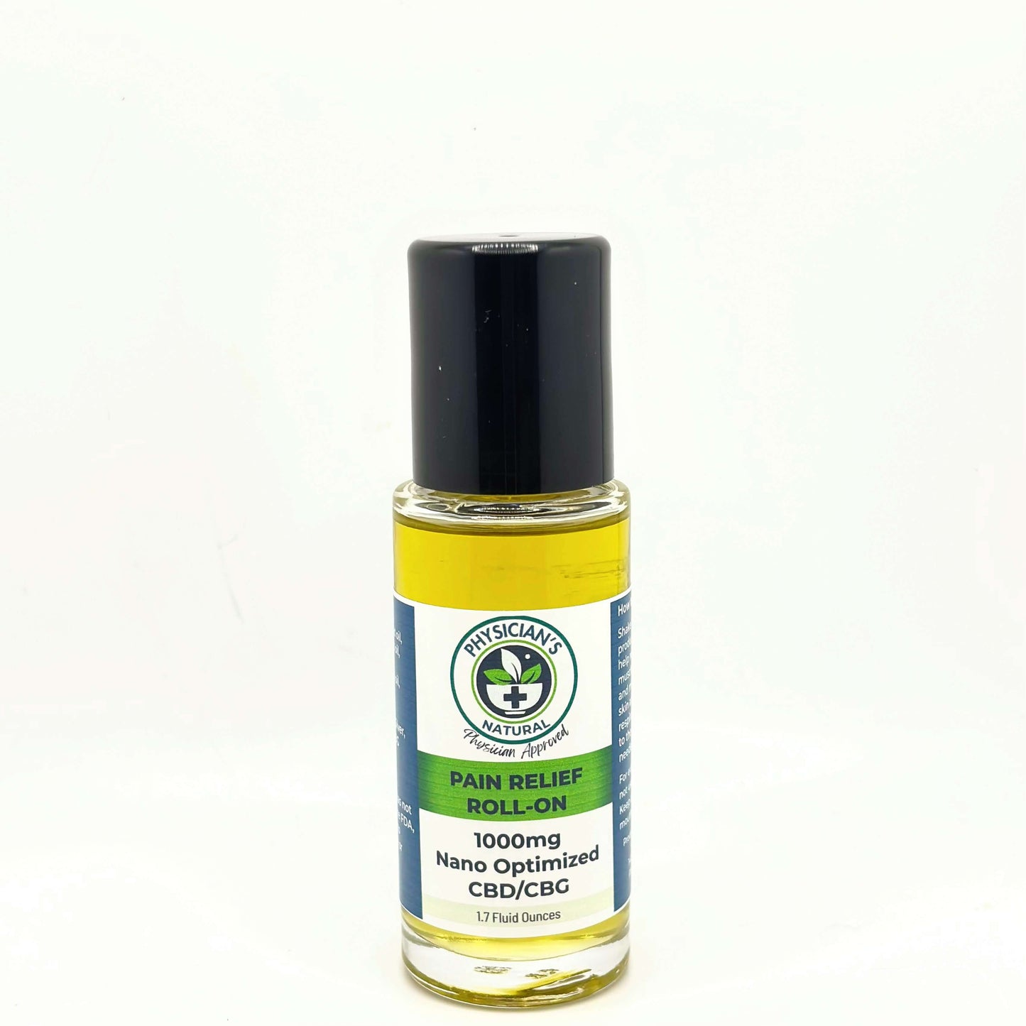 Clear bottle with black top, green and blue label, amber-colored liquid, 1000 mg CBD Pain Relief Roll On, on a solid white background.