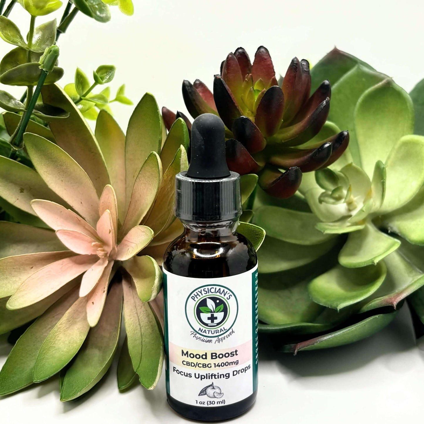 Amber-colored bottle with gradient pink and yellow label, 1400 mg CBD and CBG Mood Boost Focus Uplifting Drops, surrounded by succulent plants.