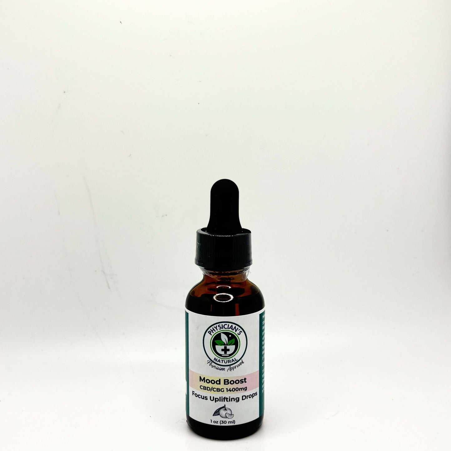Amber-colored bottle with gradient pink and yellow label, 1400 mg CBD and CBG Mood Boost Focus Uplifting Drops,  on a solid white background.