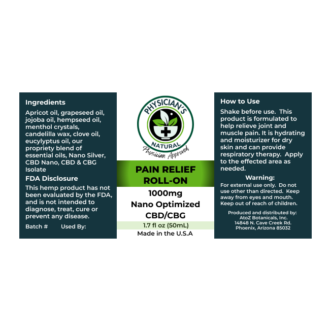 Green and Dark Blue label for Pain Relief Roll-On CBD/CBG 1000 mg Nano Optimized showing Ingredients, FDA Disclosure. How to use, Made in USA.