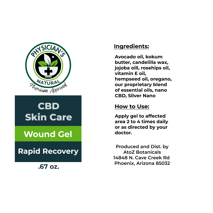 green and blue label, CBD Skin Care - Wound Gel Rapid Recovery showing Ingredients, How to use.