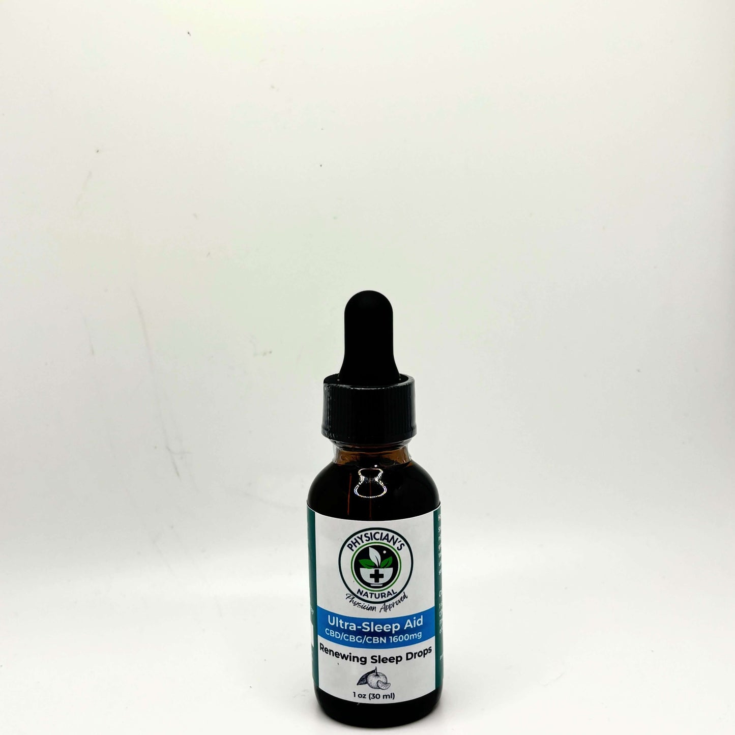 Amber-colored bottle with gradient blue label, 1600 mg CBD, CBG and CBN Ultra-Sleep Aid - Renewing Sleep Drops, on a solid white background.
