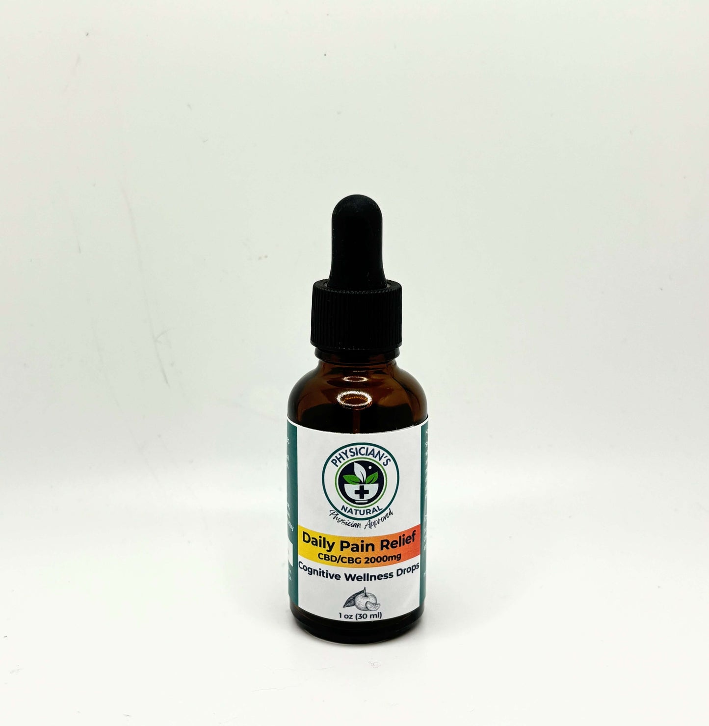 Amber-colored bottle with gradient yellow and orange label, 2000 mg CBD Daily Pain Relief Cognitive Wellness Drops on a solid white background.