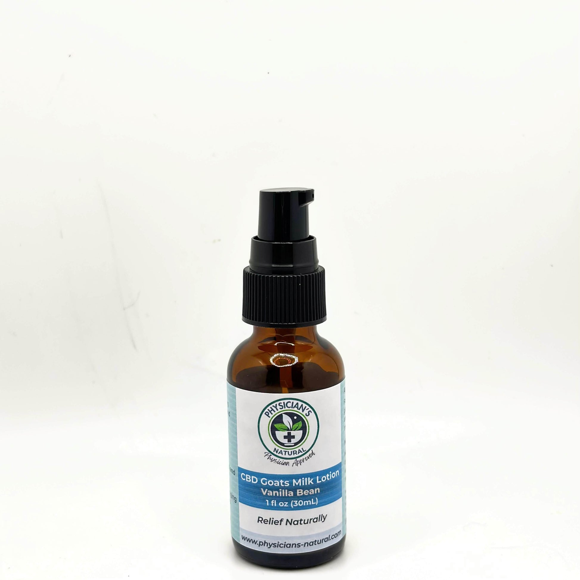 1 oz Amber-colored bottle with a pump on top with blue label, 200 mg CBD Goat's Milk Lotion,  on a solid white background.