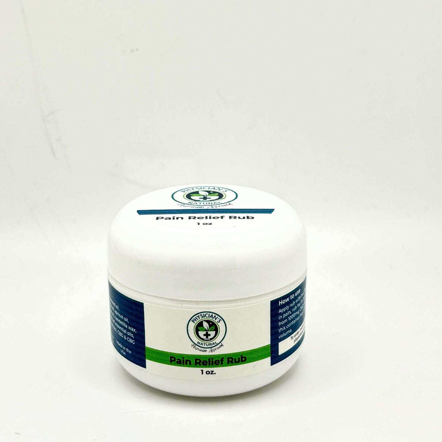 1 oz. White jar  with white top, green and blue label, 1000 mg Pain Relief Rub,  on a solid white background.