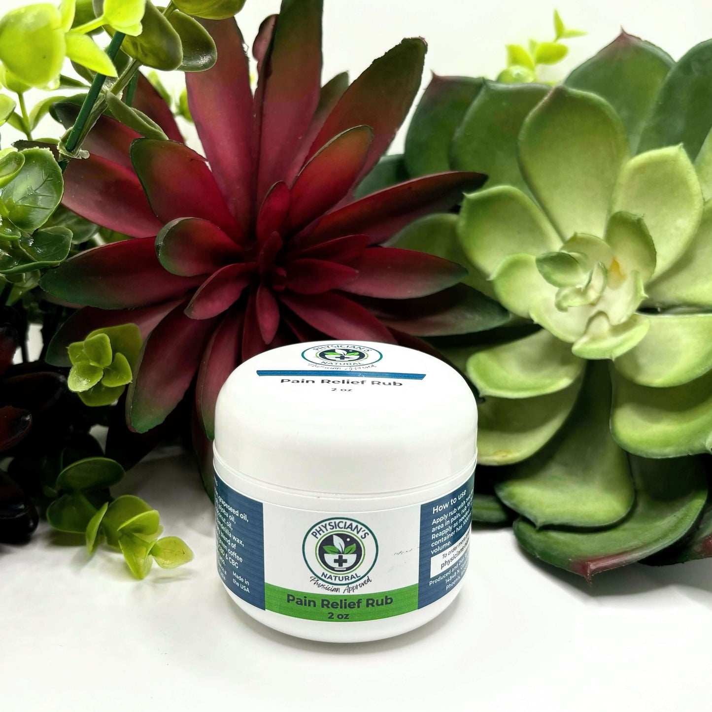 White jar  with white top, green and blue label, 1000 mg Pain Relief Rub, surrounded by succulent plants. 