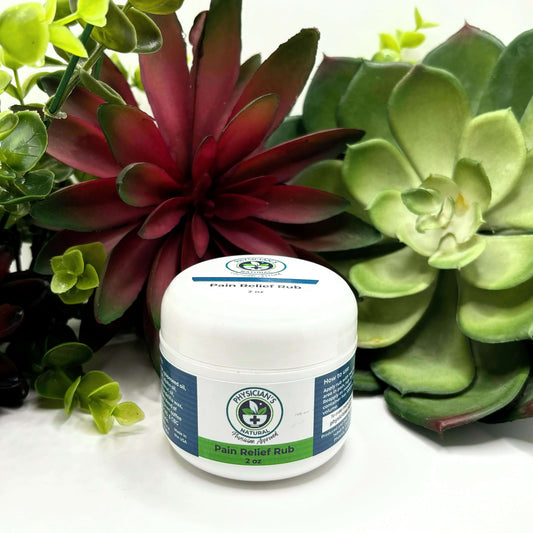 White jar  with white top, green and blue label, 1000 mg Pain Relief Rub, surrounded by succulent plants. 