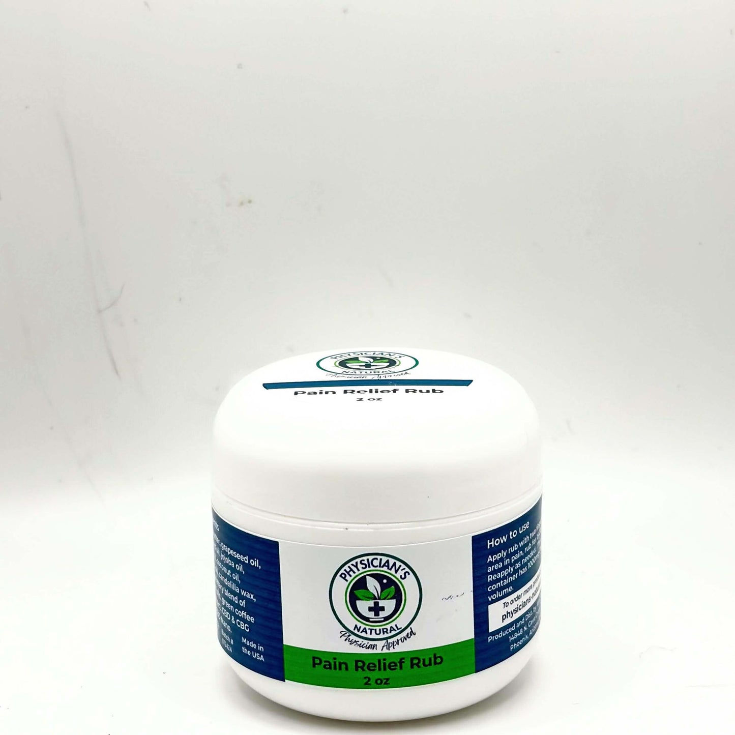 2 oz. White jar  with white top, green and blue label, 1000 mg Pain Relief Rub,  on a solid white background.