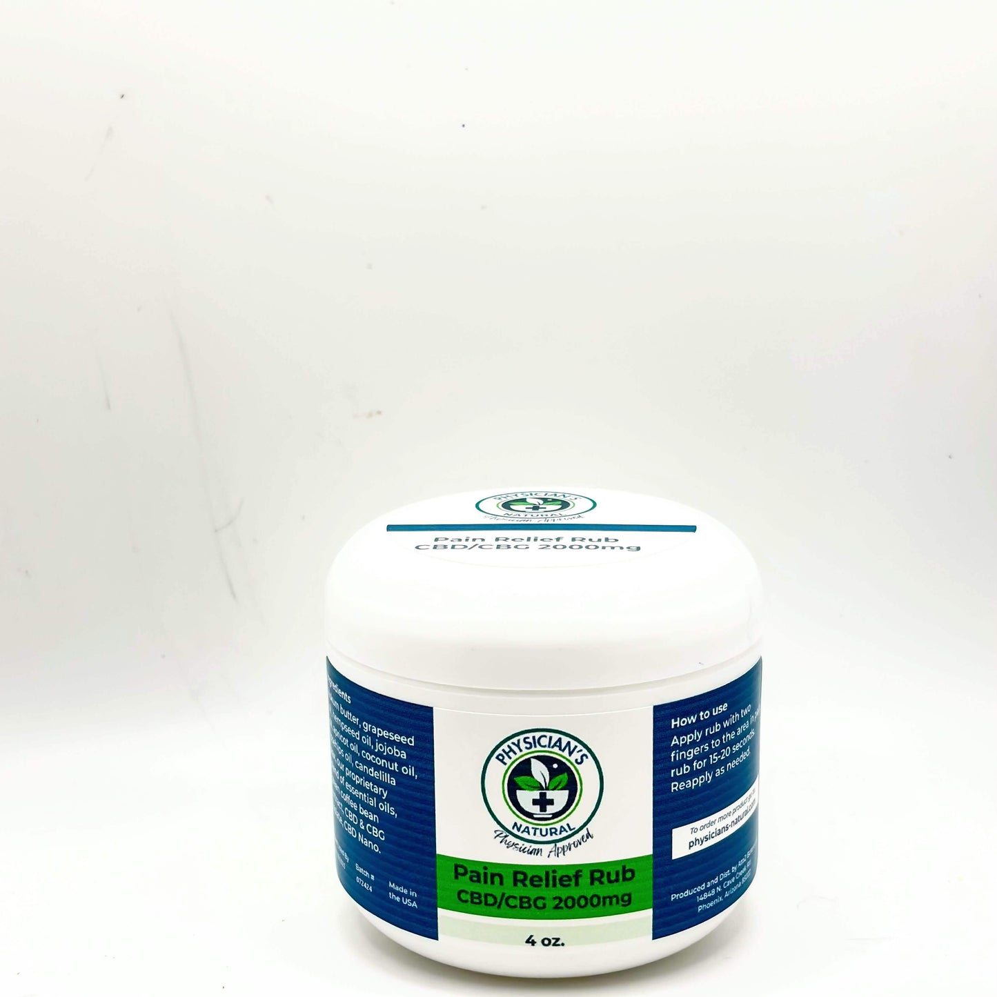 4 oz. White jar  with white top, green and blue label, 1000 mg Pain Relief Rub,  on a solid white background.