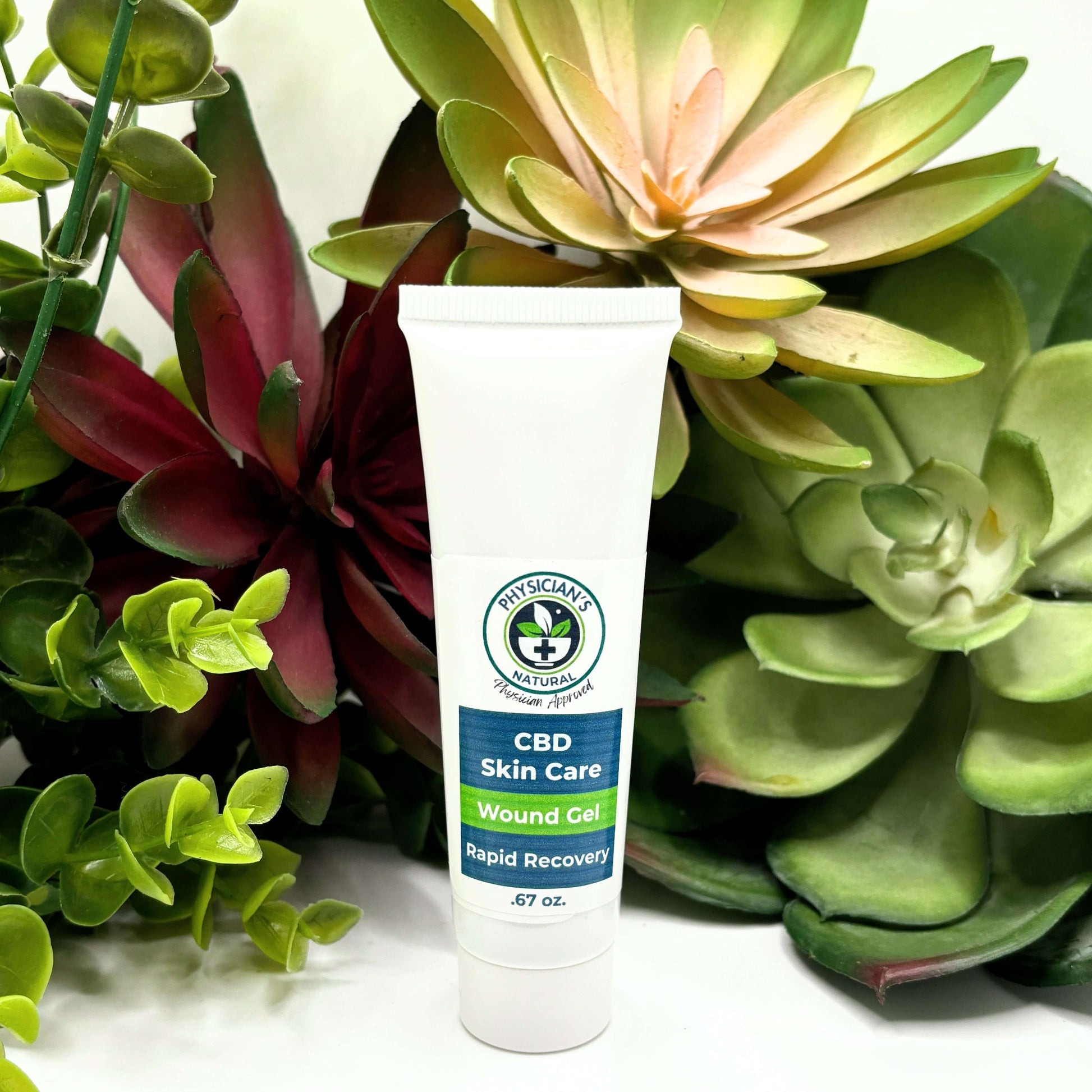 White tube with green and blue label, CBD Skin Care - Wound Gel Rapid Recovery, surrounded by succulent plants.