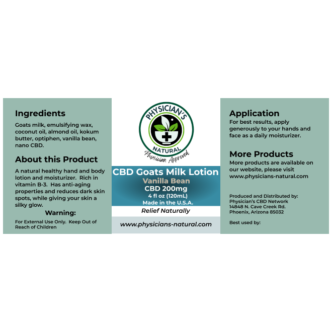 Green and teal label for CBD Goats Milk Lotion, 200 mg, 4 fl oz, showing Ingredients, About this Product, Made in USA, How to use, and website www.physicians-natural.com