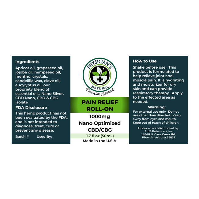 
Green and Dark Blue label for Pain Relief Roll-On CBD/CBG 1000 mg Nano Optimized showing Ingredients, FDA Disclosure. How to use, Made in USA.