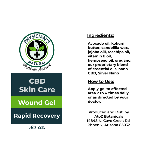 green and blue label, CBD Skin Care - Wound Gel Rapid Recovery showing Ingredients, How to use. 