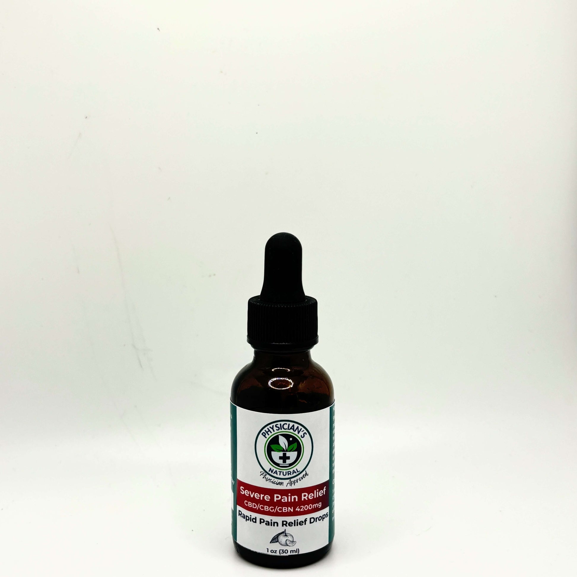 Amber-colored bottle with gradient red and maroon label, 4200 mg CBD, CBG and CBN Severe Pain Relief - Rapid Pain Relief Drops, on a solid white background.