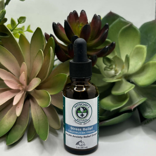 Amber-colored bottle with gradient blue label, 1700 mg CBD, CBG and CBN Stress Relief- Acute Anxiety Relief Drops, surrounded by succulent plants.