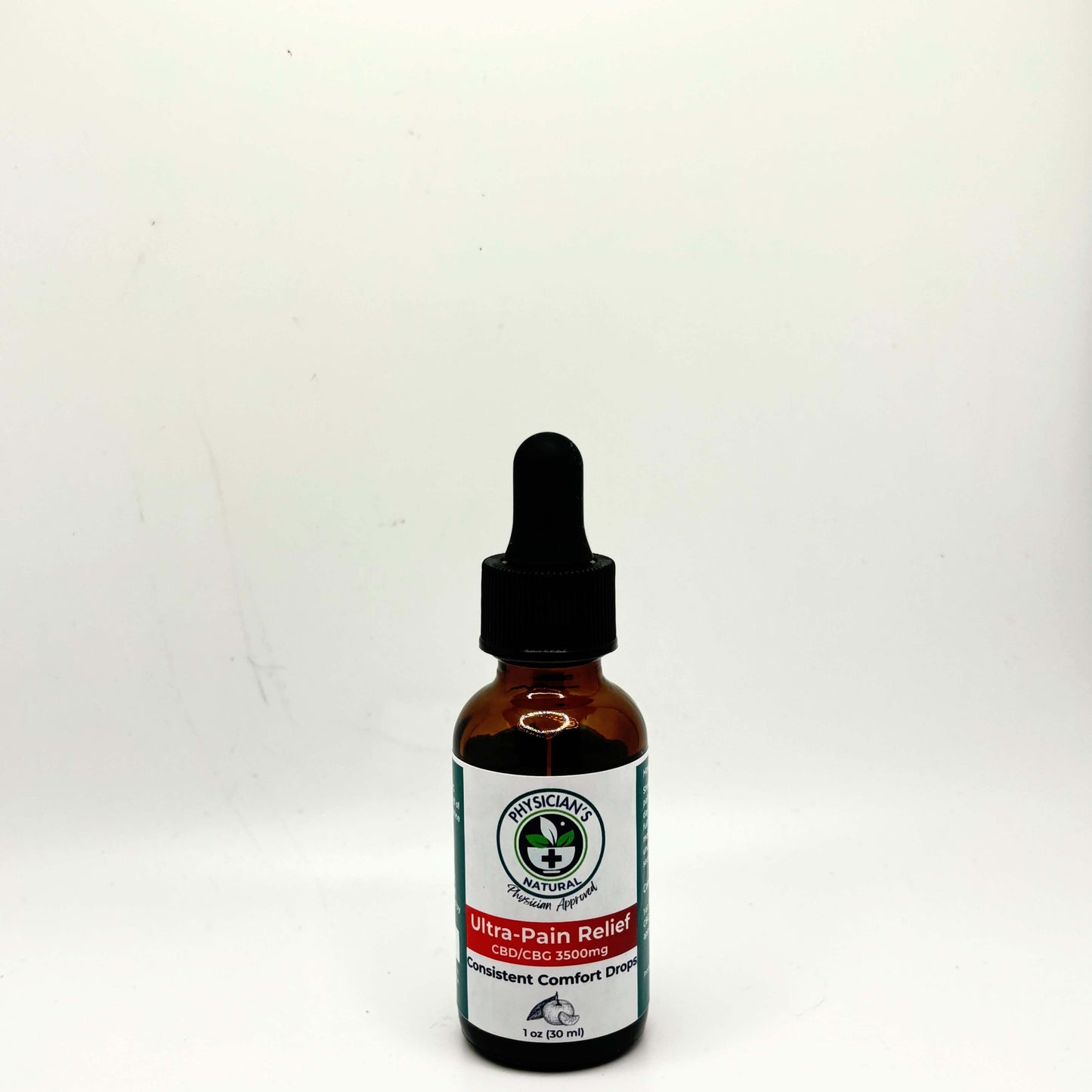 Amber-colored bottle with gradient red label, 3500 mg CBD and CBG Ultra-Pain Relief - Consistent Comfort Drops,  on a solid white background.